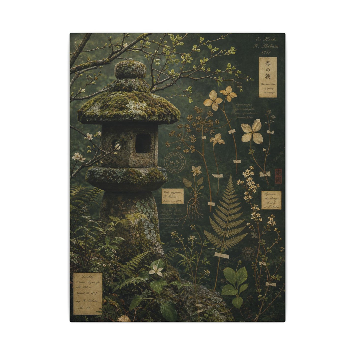 Spring Stone Lantern Herbarium Canvas Art | Nostalgic Decor