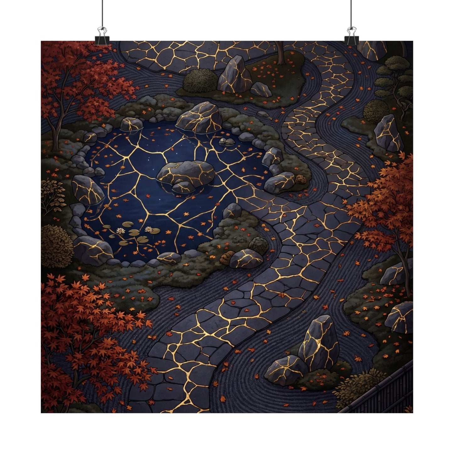 Moonlit Garden Wall Art Print | Autumn Kintsugi Gold Vein Art