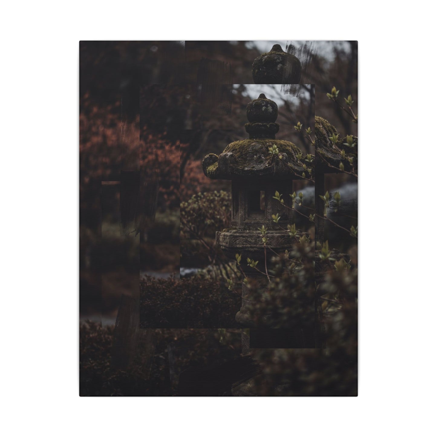 Stone Lantern Spring Canvas Art | Dark Japandi Bold Design