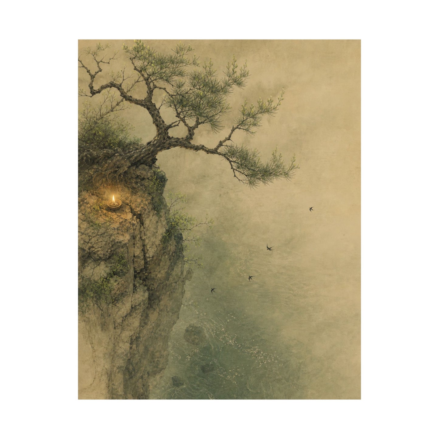 Japandi Pine Tree in Candlelight | Minimal Line Wall Art Print