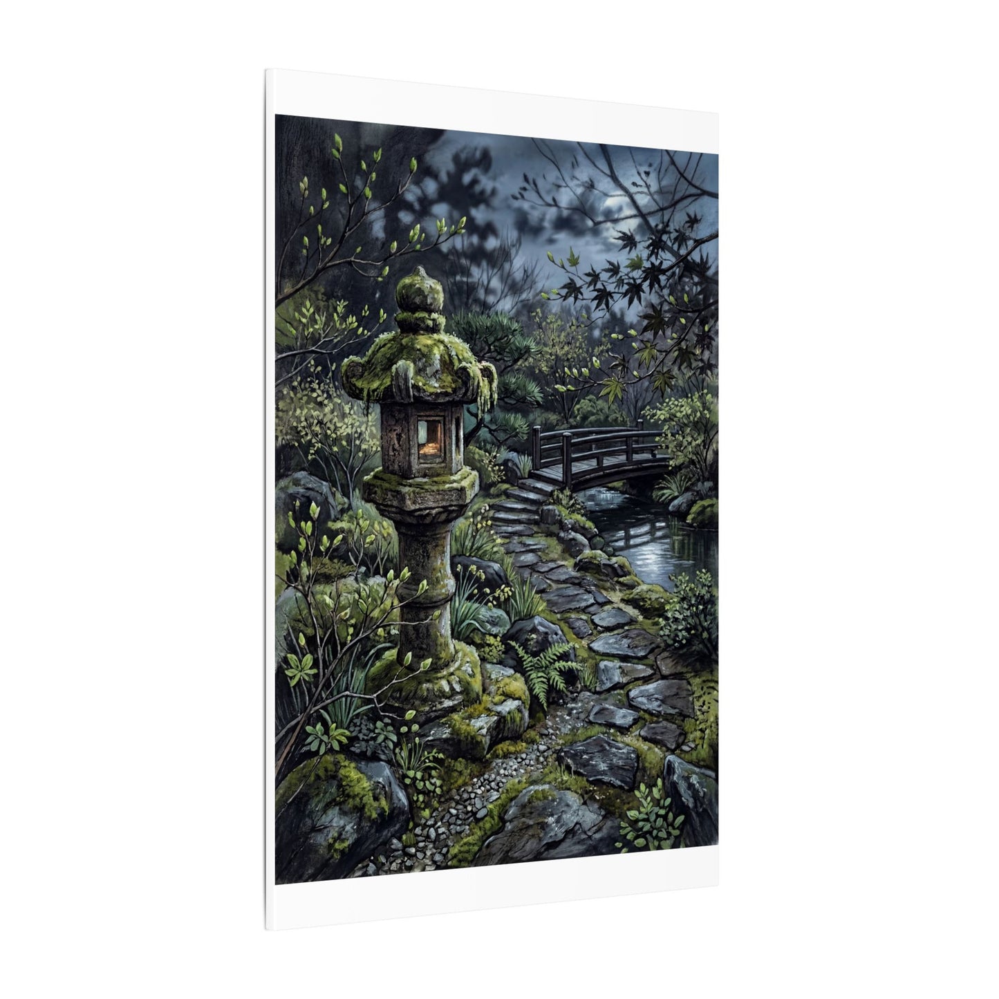 Japandi Stone Lantern in Moonlight | Texture Canvas Art