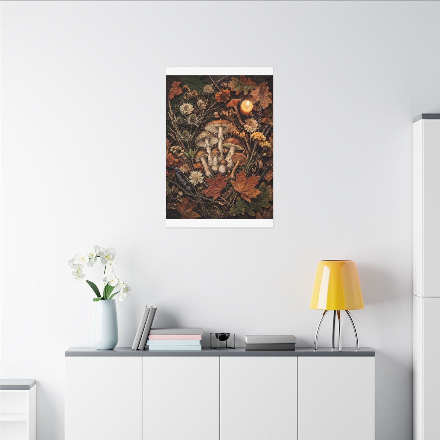 Autumn Dried Flowers Mushroom Illustration Canvas Art | Earthy Decor