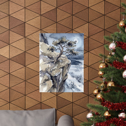 Japandi Pine Tree in Moonlight | Watercolor Wall Art Print