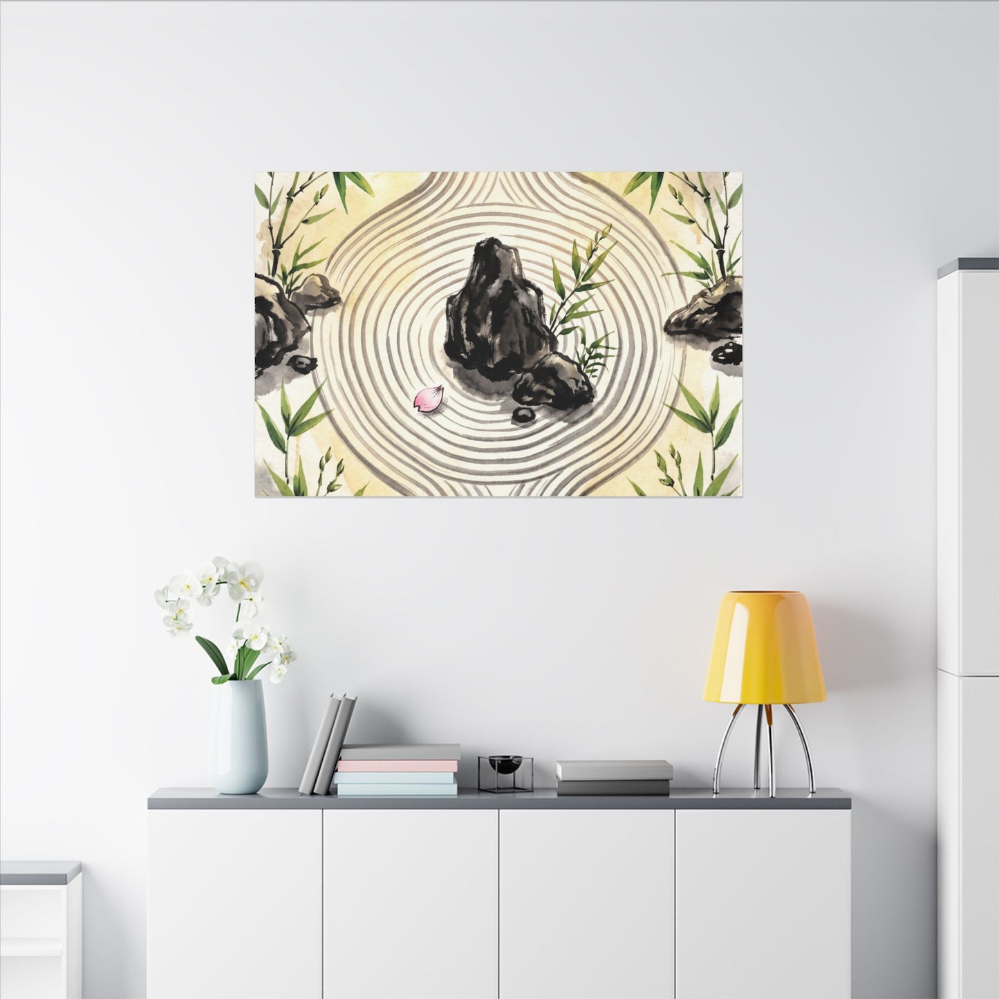 Zen Rock Garden in Golden Hour | Sumi E Canvas Art