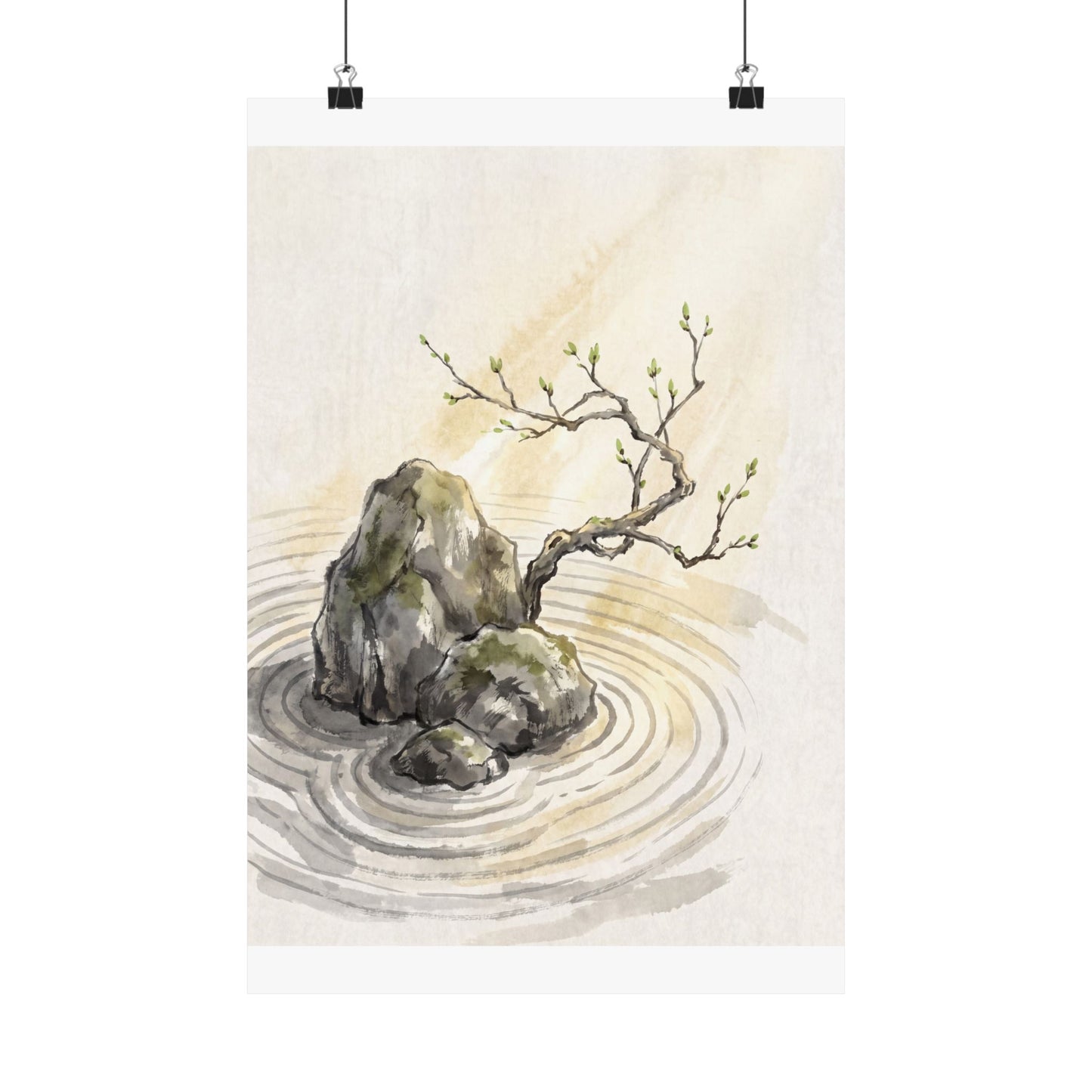 Zen Rock Garden in Golden Hour | Sumi E Wall Art Print Art Print