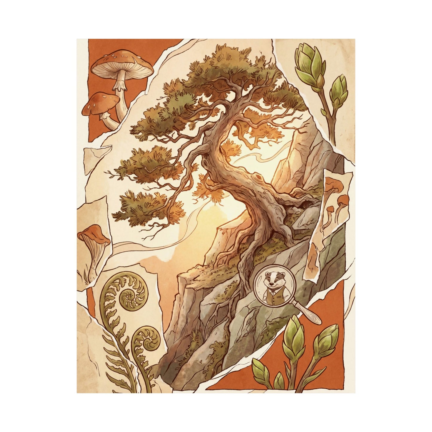 Spring Pine Tree Mushroom Illustration Wall Art Print | Cozy Decor