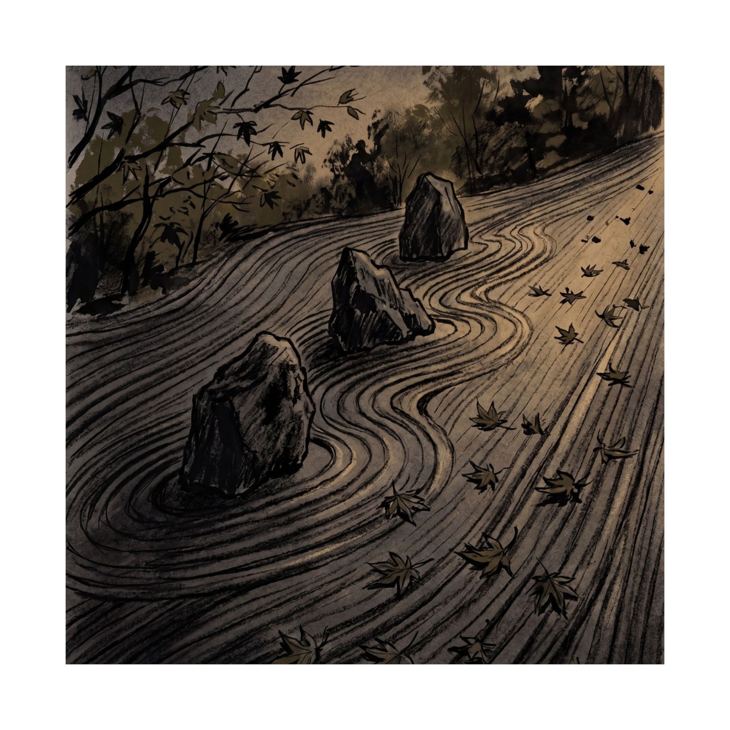 Rock Garden Autumn Wall Art Print | Dark Japandi Sophisticated Design