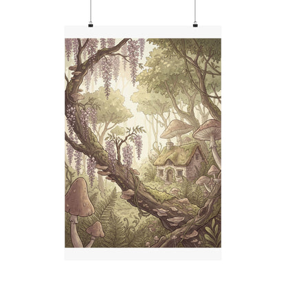Summer Wisteria Mushroom Illustration Wall Art Print | Rustic Decor Art Print