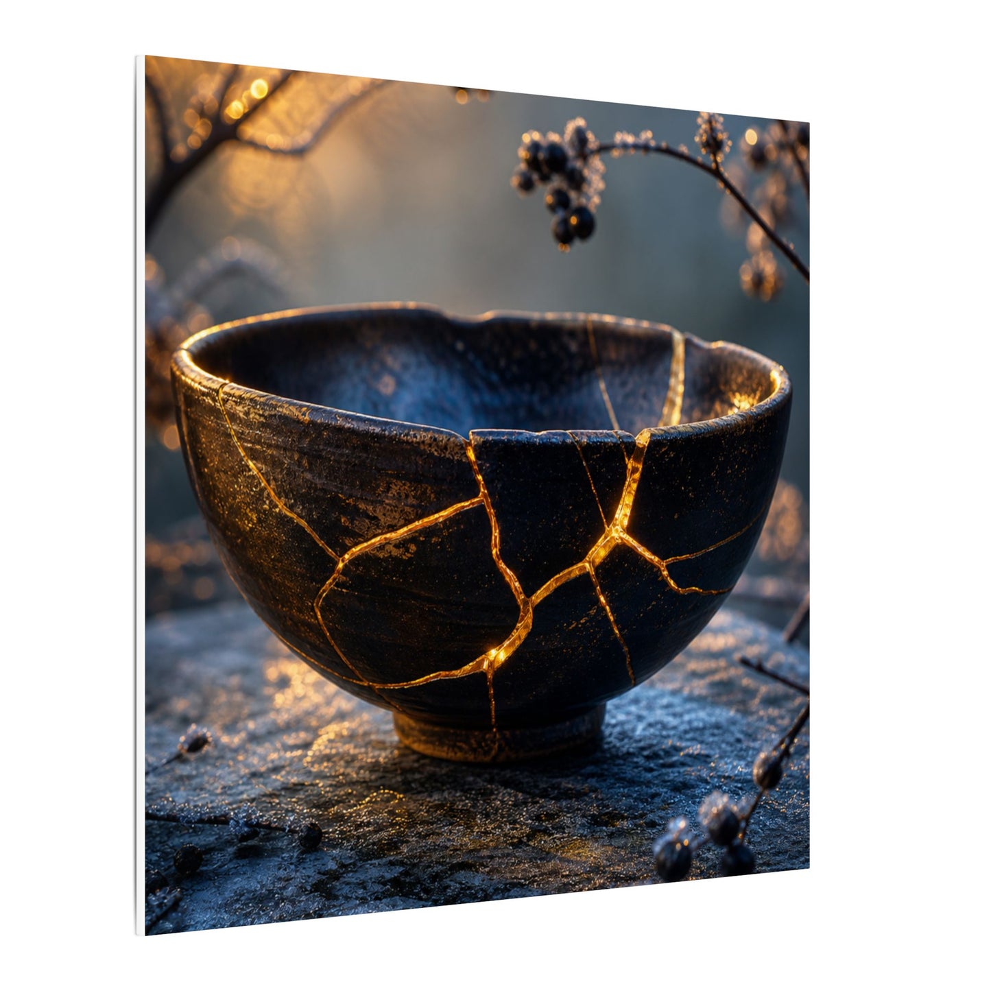 Ceramic Bowl Canvas Art | Winter Kintsugi Gold Repair Art