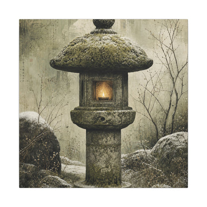 Stone Lantern Winter Canvas Art | Japandi Neutral Design