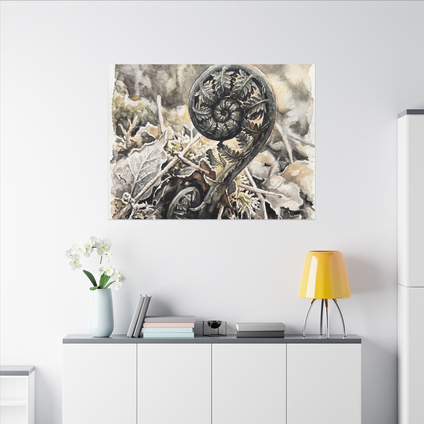 Japandi Fern Unfurling in Golden Hour | Watercolor Canvas Art