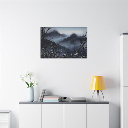 Mountain Mist Spring Canvas Art | Dark Japandi Atmospheric Design