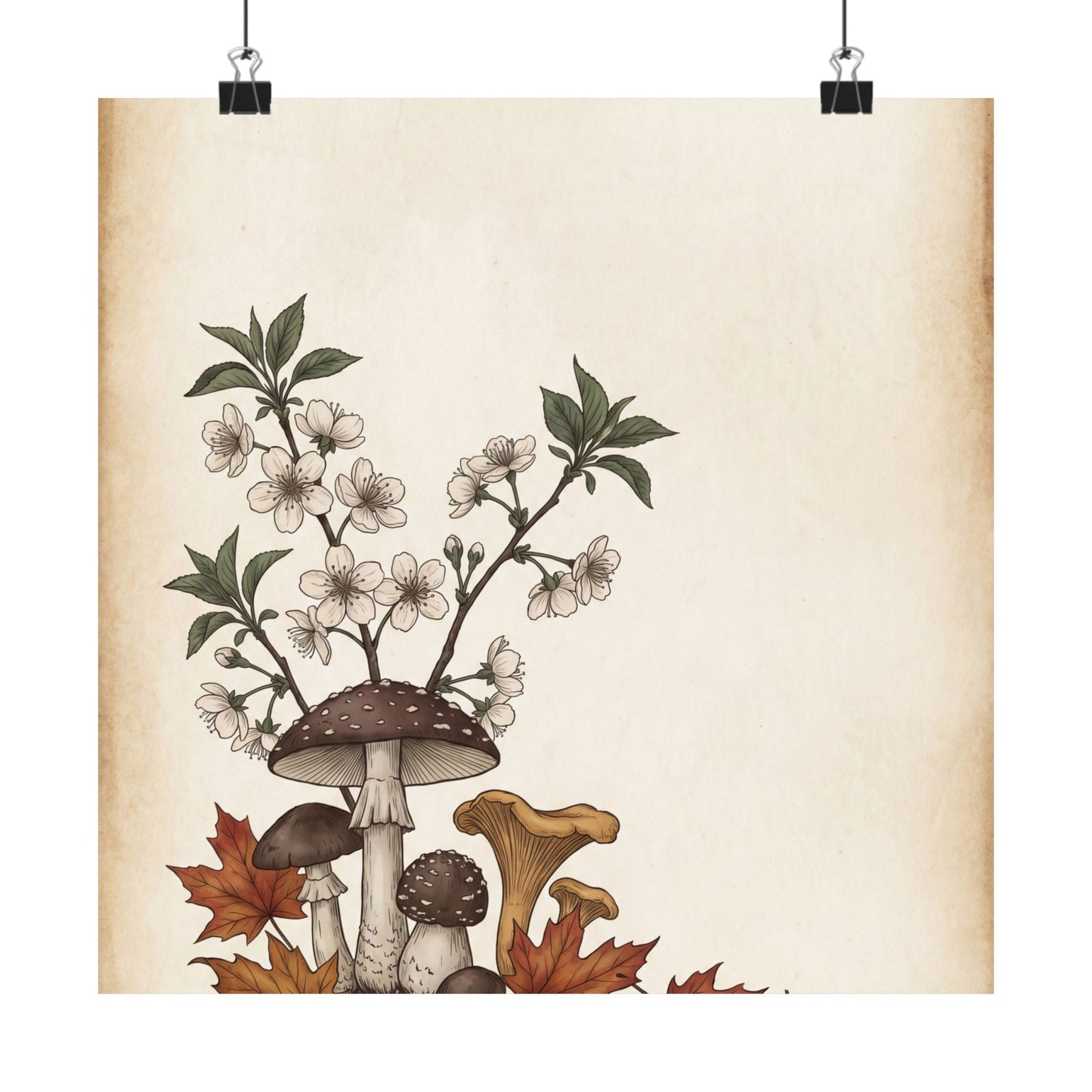 Autumn Cherry Blossom Mushroom Illustration Wall Art Print | Enchanting Decor