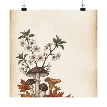 Autumn Cherry Blossom Mushroom Illustration Wall Art Print | Enchanting Decor