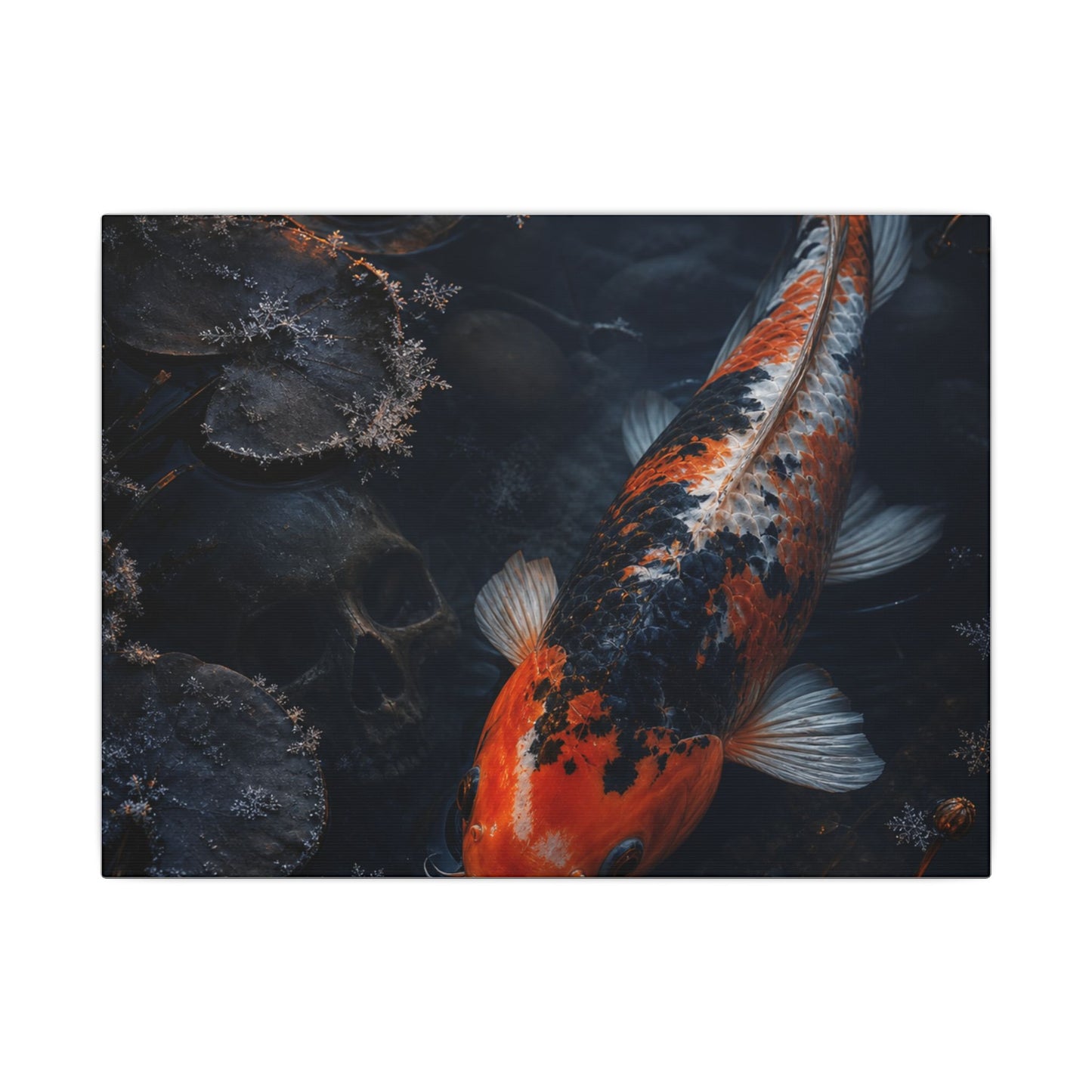 Koi Pond Canvas Art | Winter Dark Japandi Shadow Zen Art