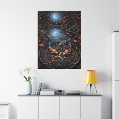 Koi Pond Canvas Art | Autumn Kintsugi Gold Repair Art