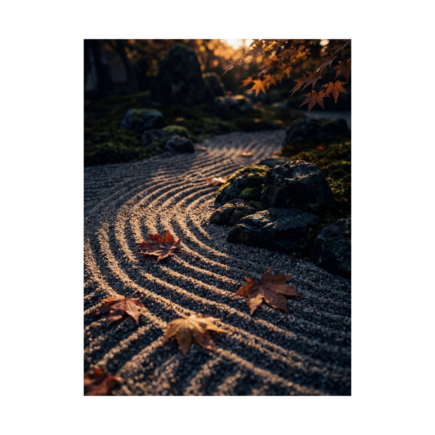 Rock Garden Autumn Wall Art Print | Dark Japandi Atmospheric Design