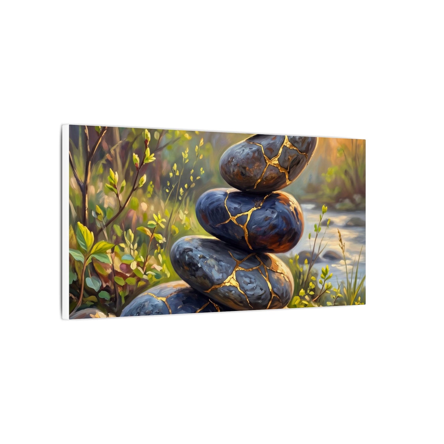 Spring River Stones Gold Repair Canvas Art | Healing Decor