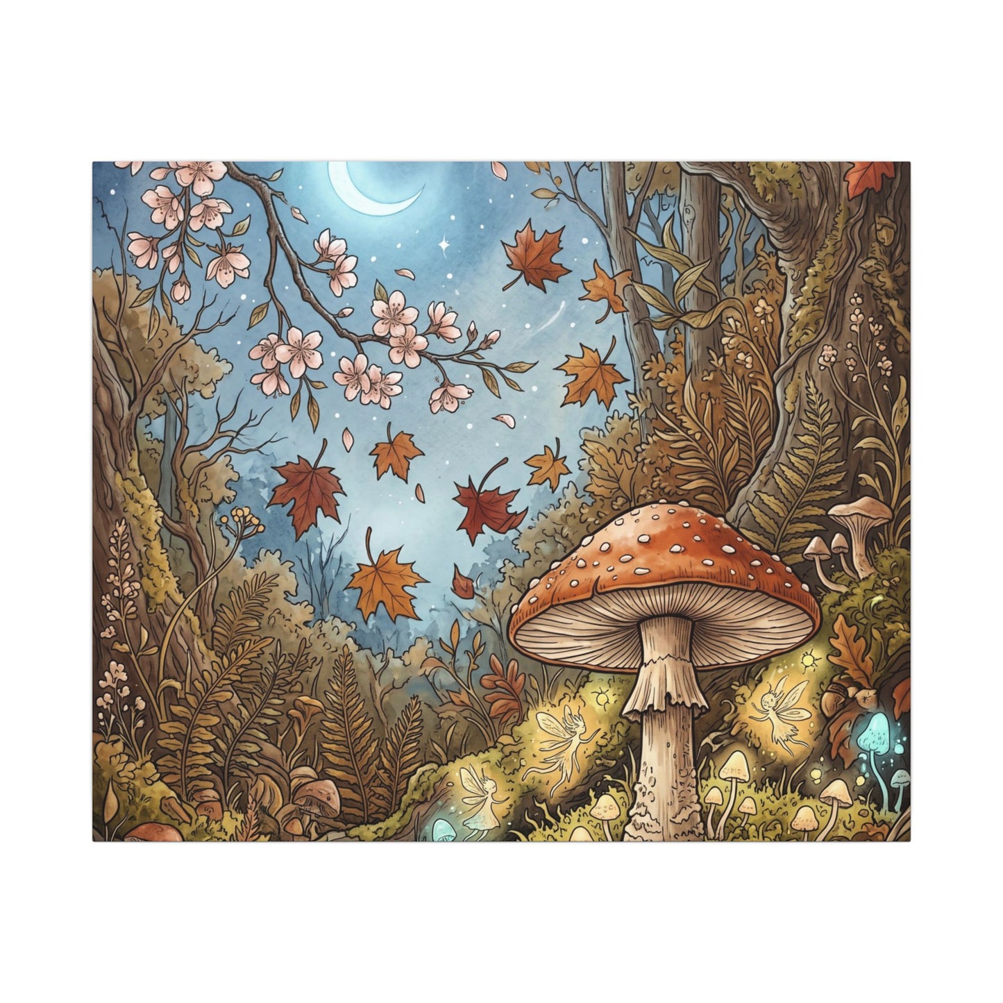 Autumn Cherry Blossom Mushroom Illustration Canvas Art | Enchanting Decor