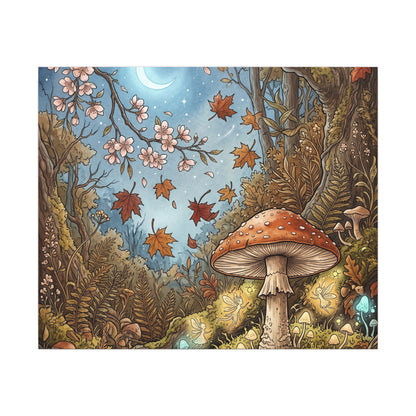 Autumn Cherry Blossom Mushroom Illustration Canvas Art | Enchanting Decor