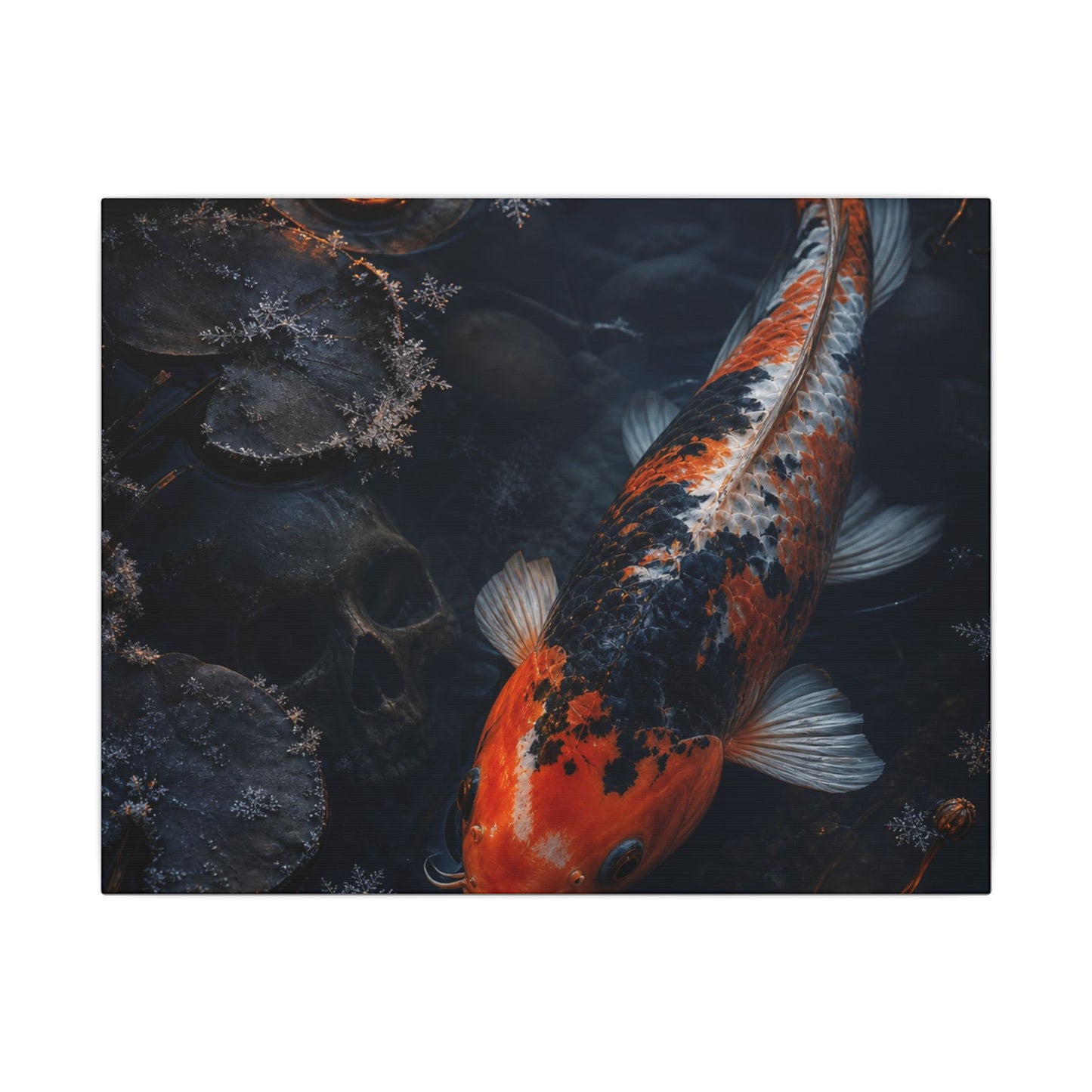 Koi Pond Canvas Art | Winter Dark Japandi Shadow Zen Art