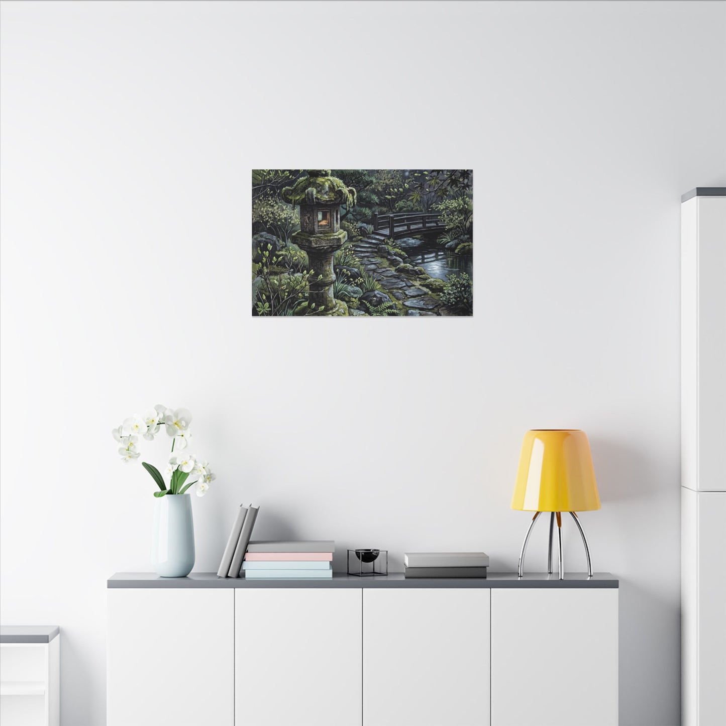 Japandi Stone Lantern in Moonlight | Texture Canvas Art