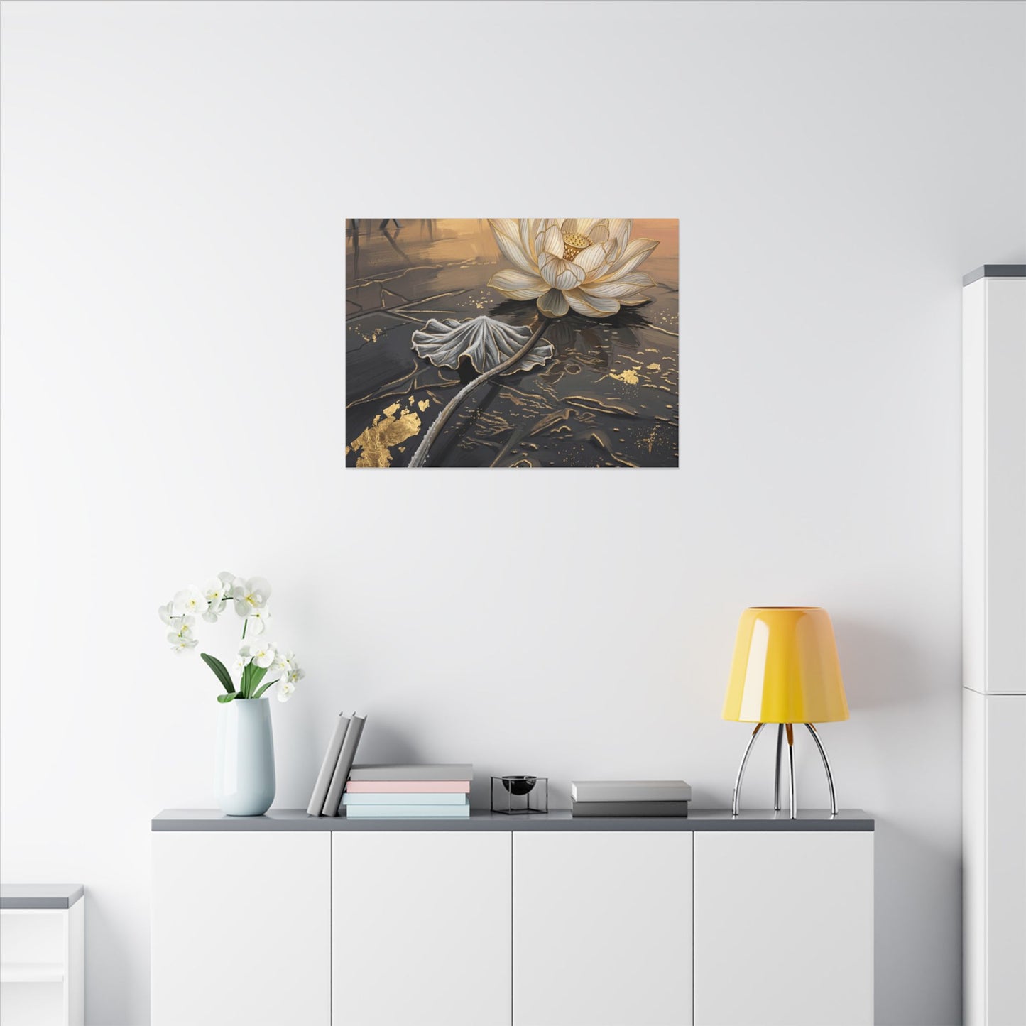 Kintsugi Lotus Flower in Golden Hour | Gold Vein Canvas Art