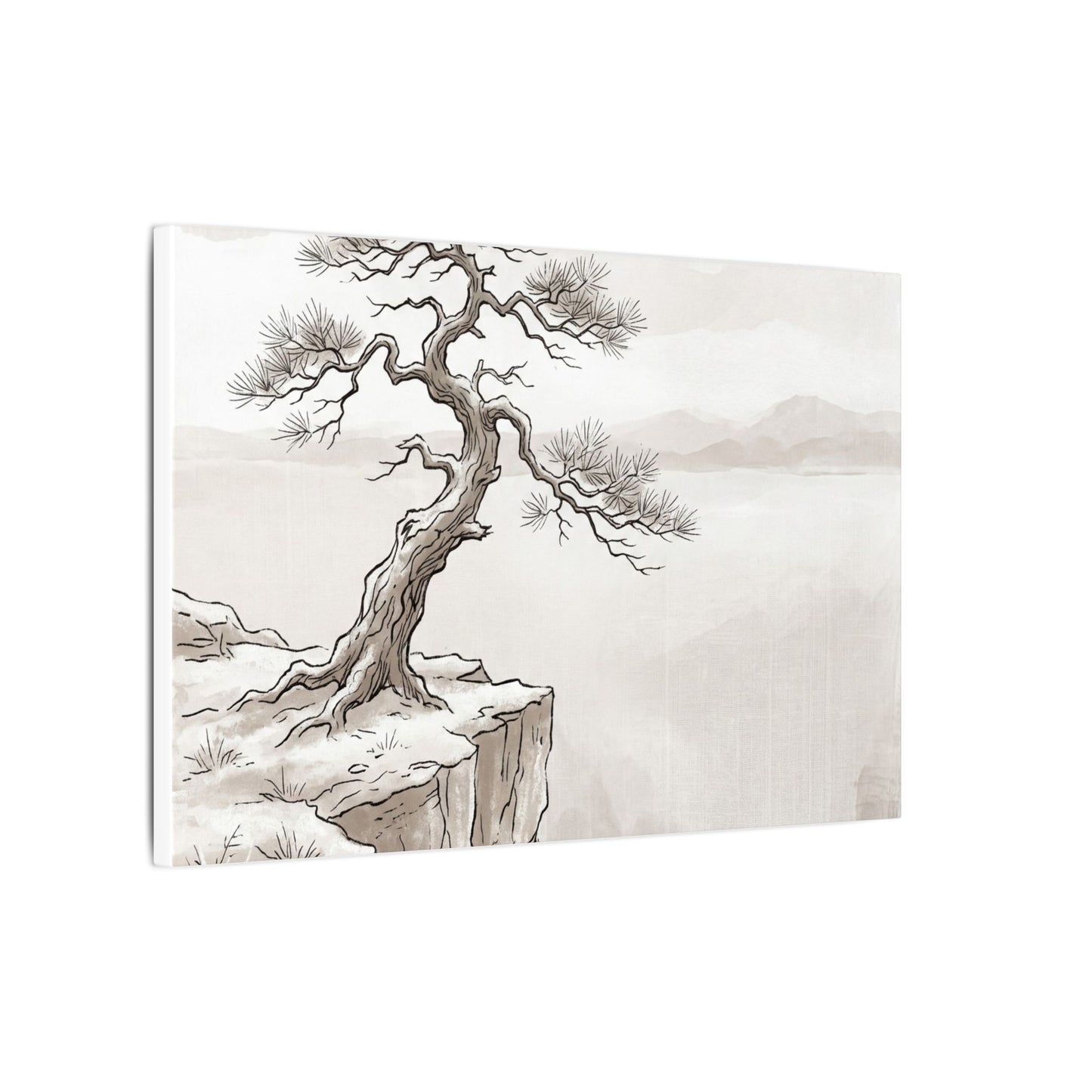 Neutral Pine Tree Canvas Art - Minimal Line Japandi