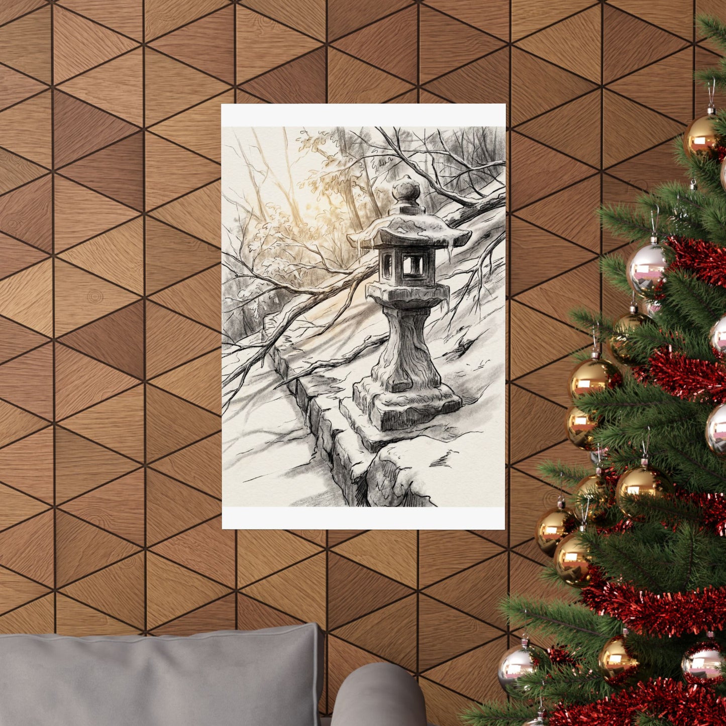 Japandi Stone Lantern in Golden Hour | Minimal Line Wall Art Print
