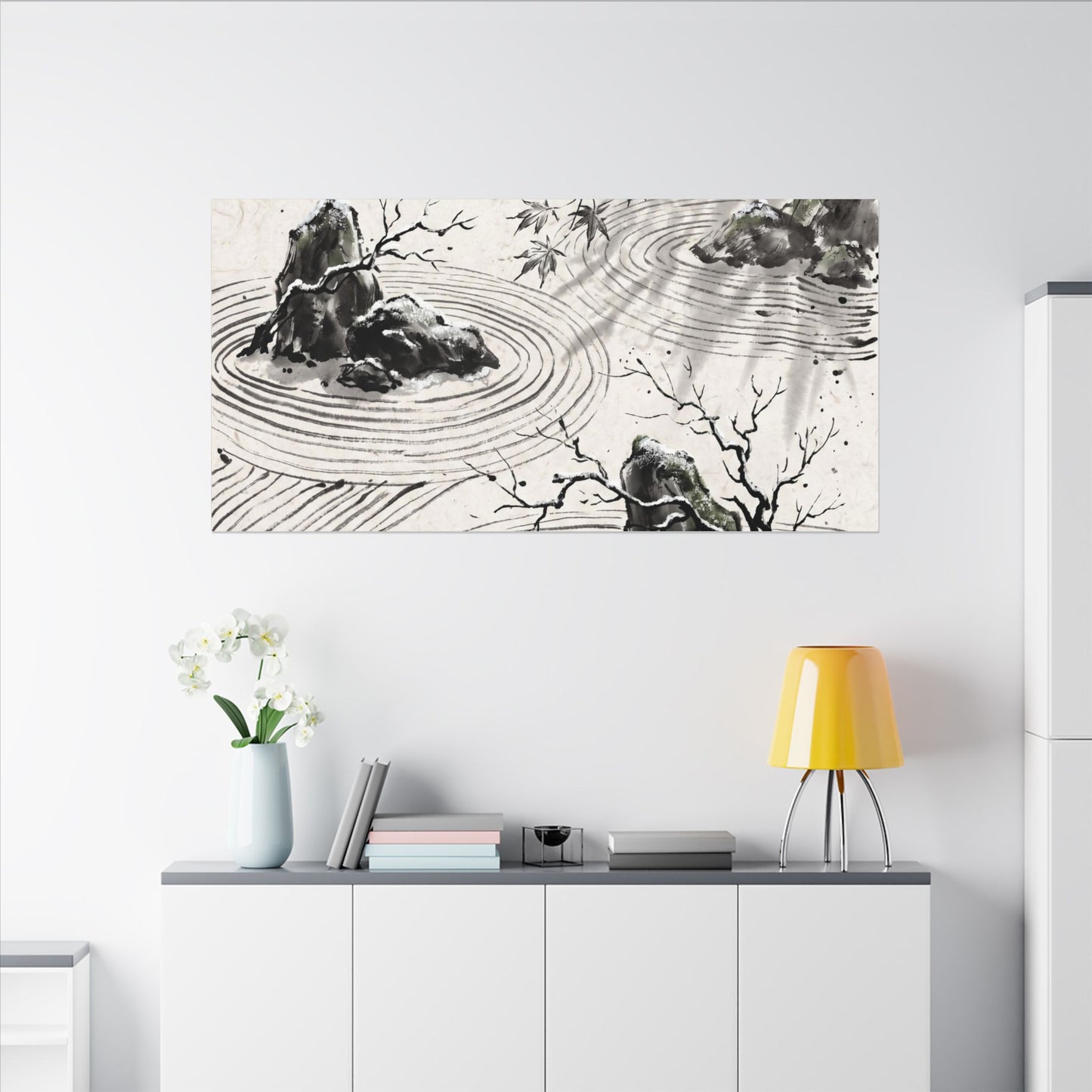 Rock Garden Canvas Art | Winter Zen Sumi E Art