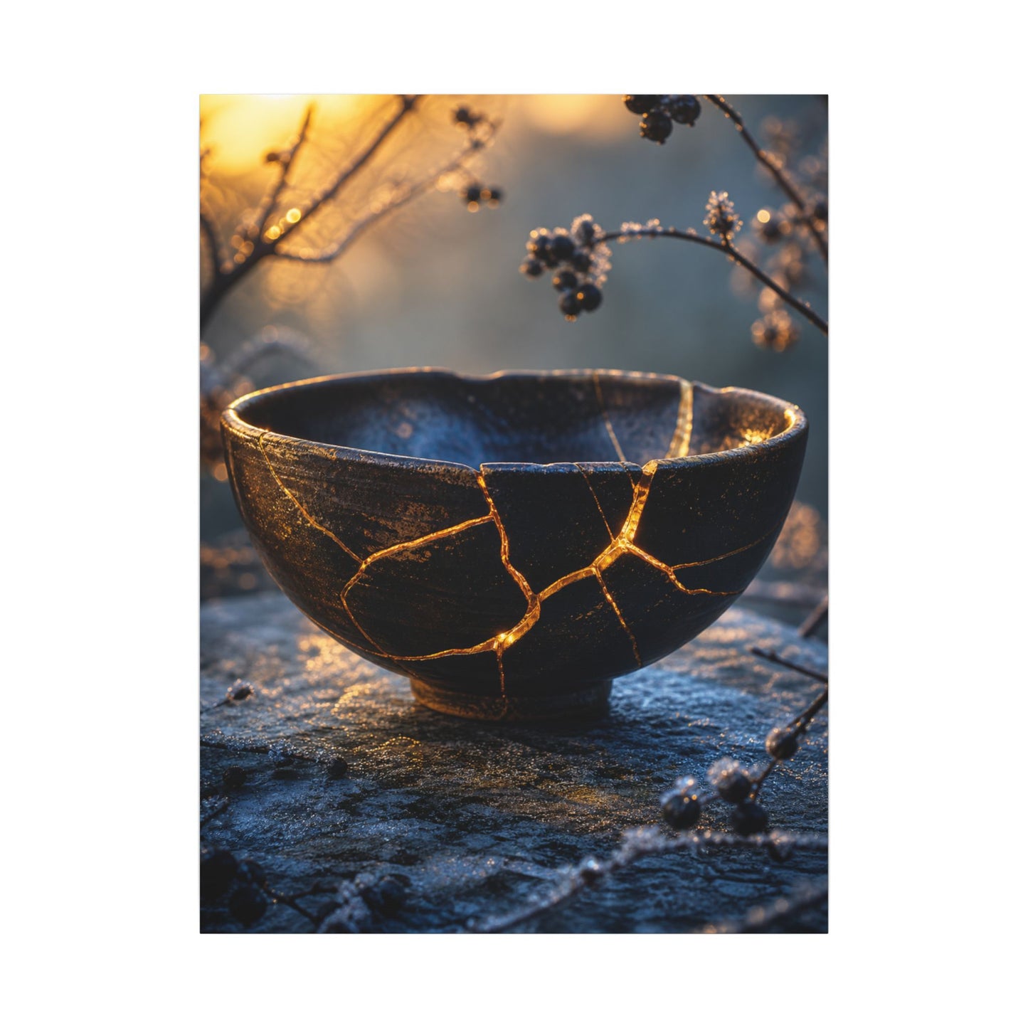 Ceramic Bowl Canvas Art | Winter Kintsugi Gold Repair Art