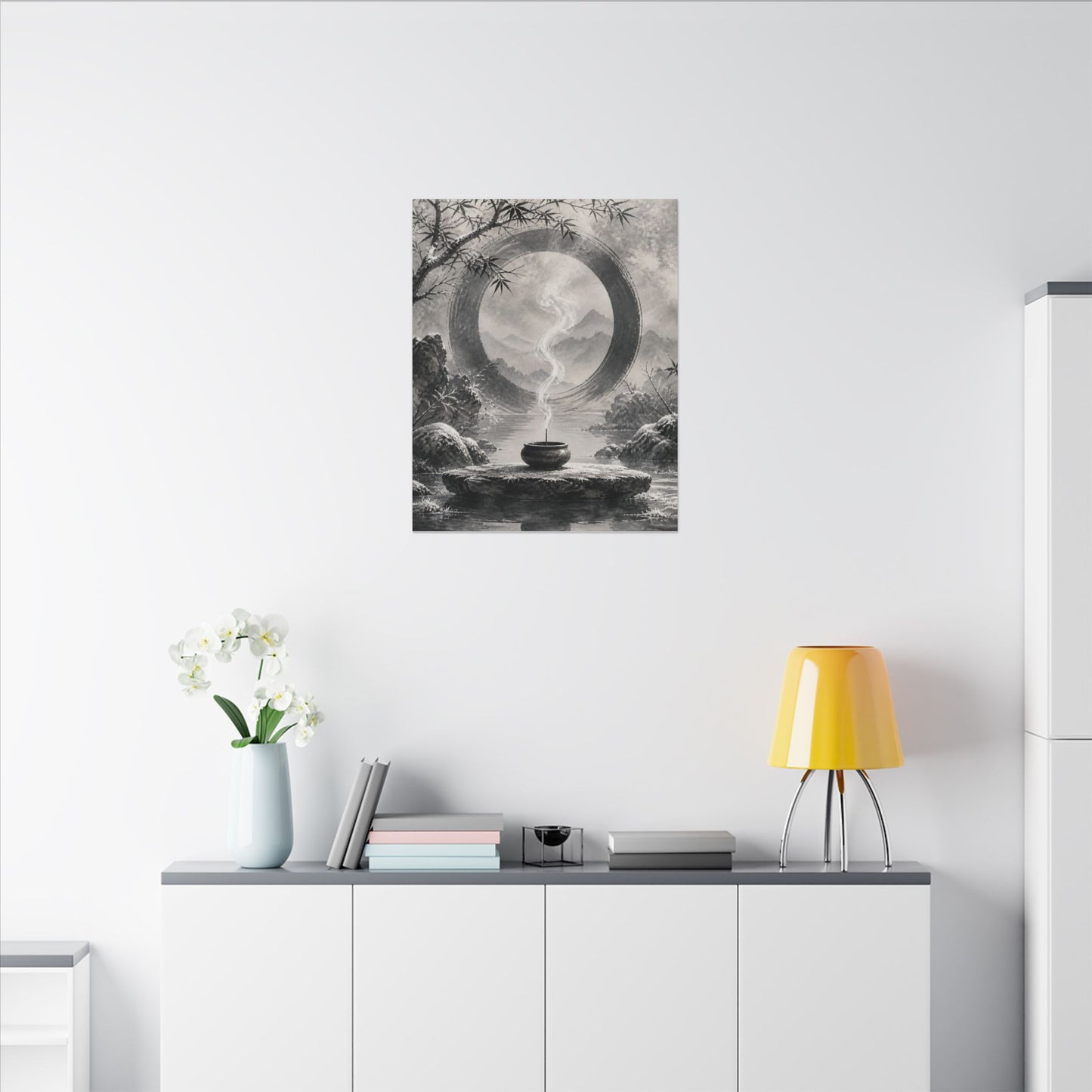 Incense Smoke Canvas Art | Winter Zen Sumi E Art