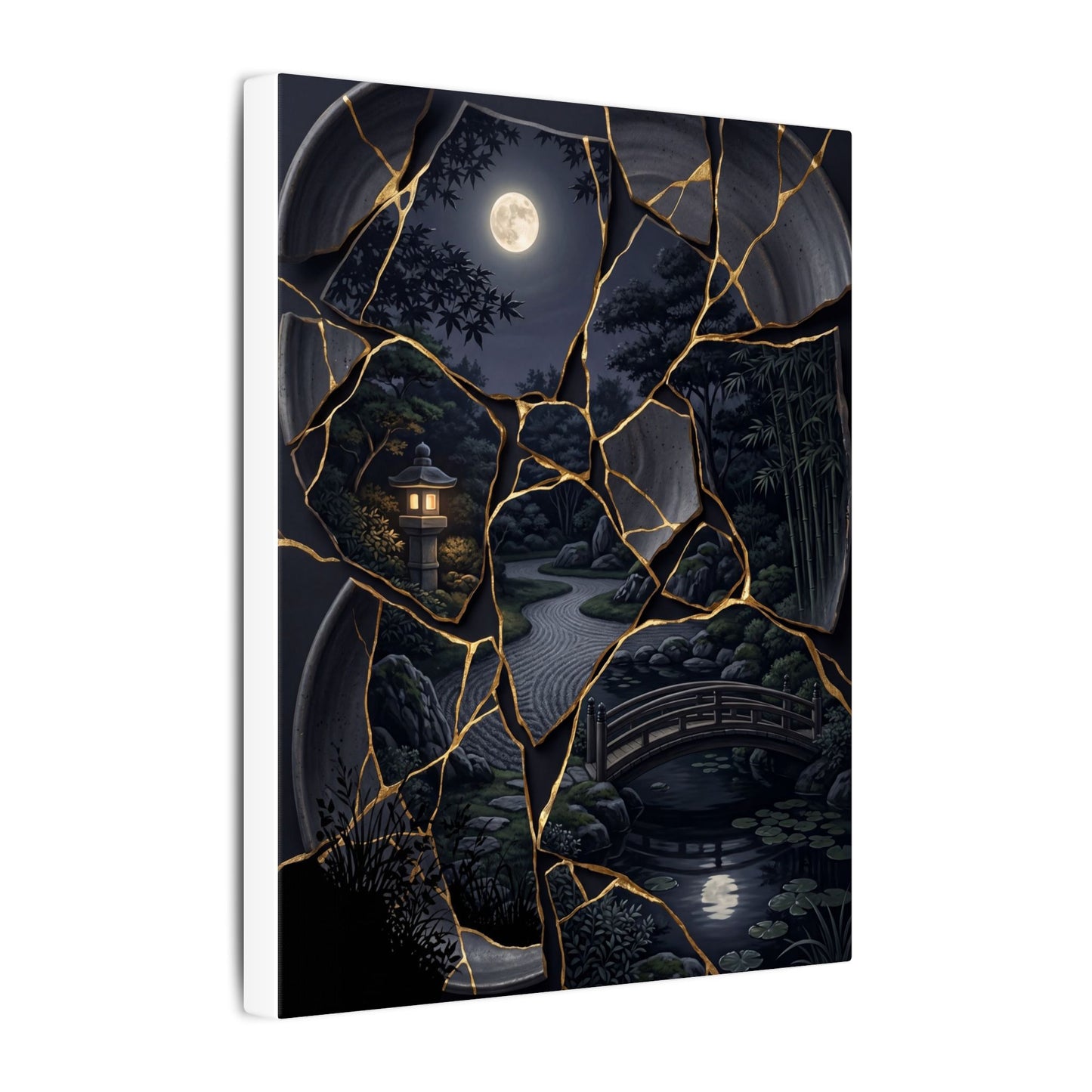 Kintsugi Moonlit Garden in Golden Hour | Gold Repair Canvas Art