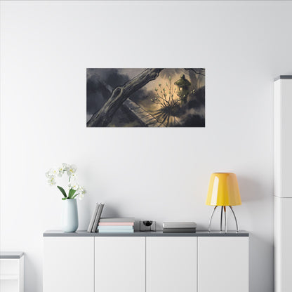 Dark Japandi Moonlit Garden in Golden Hour | Charcoal Ink Canvas Art