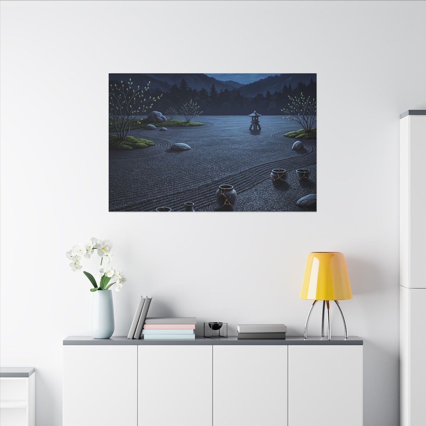 Kintsugi Moonlit Garden in Moonlight | Gold Repair Canvas Art