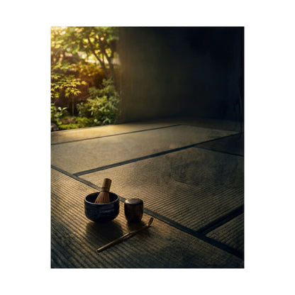 Dark Japandi Tea Ceremony in Golden Hour | Dark Texture Wall Art Print