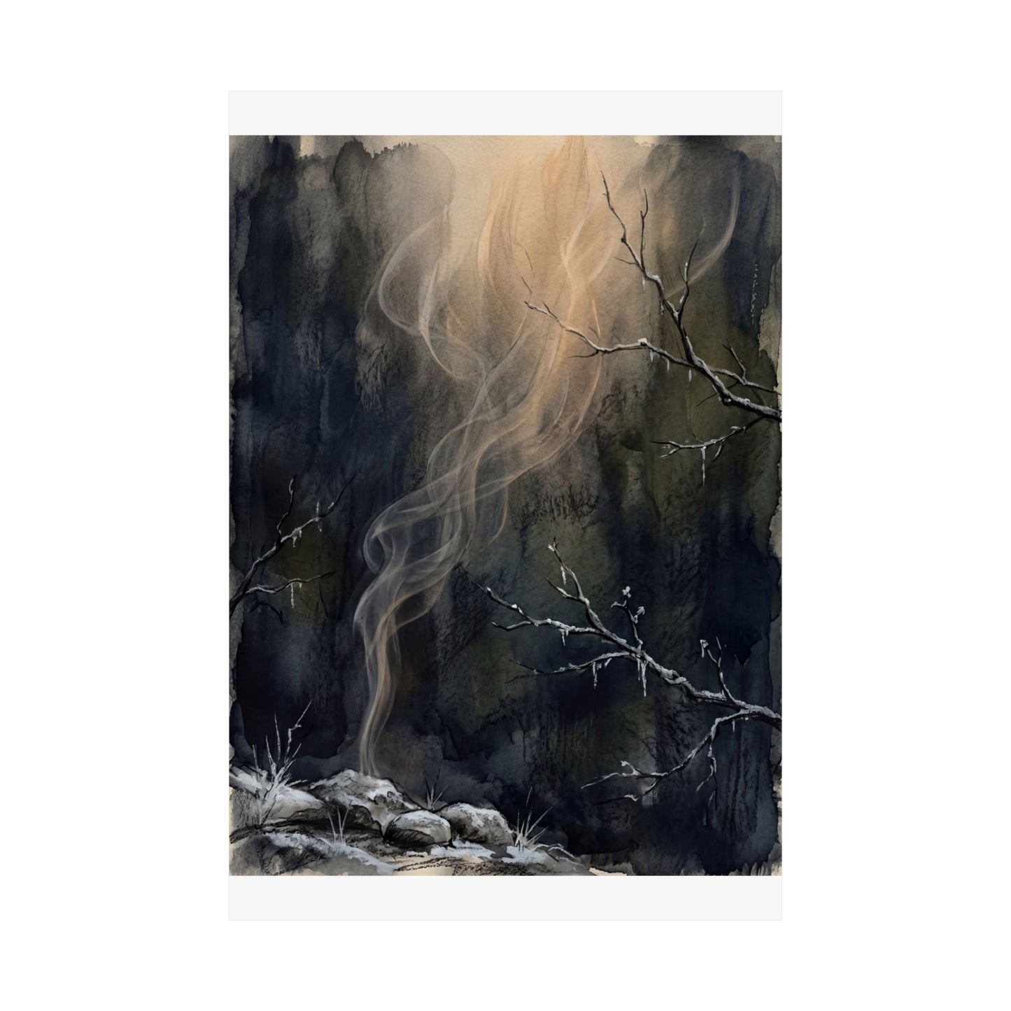 Moody Incense Smoke Wall Art Print - Charcoal Ink Dark Japandi