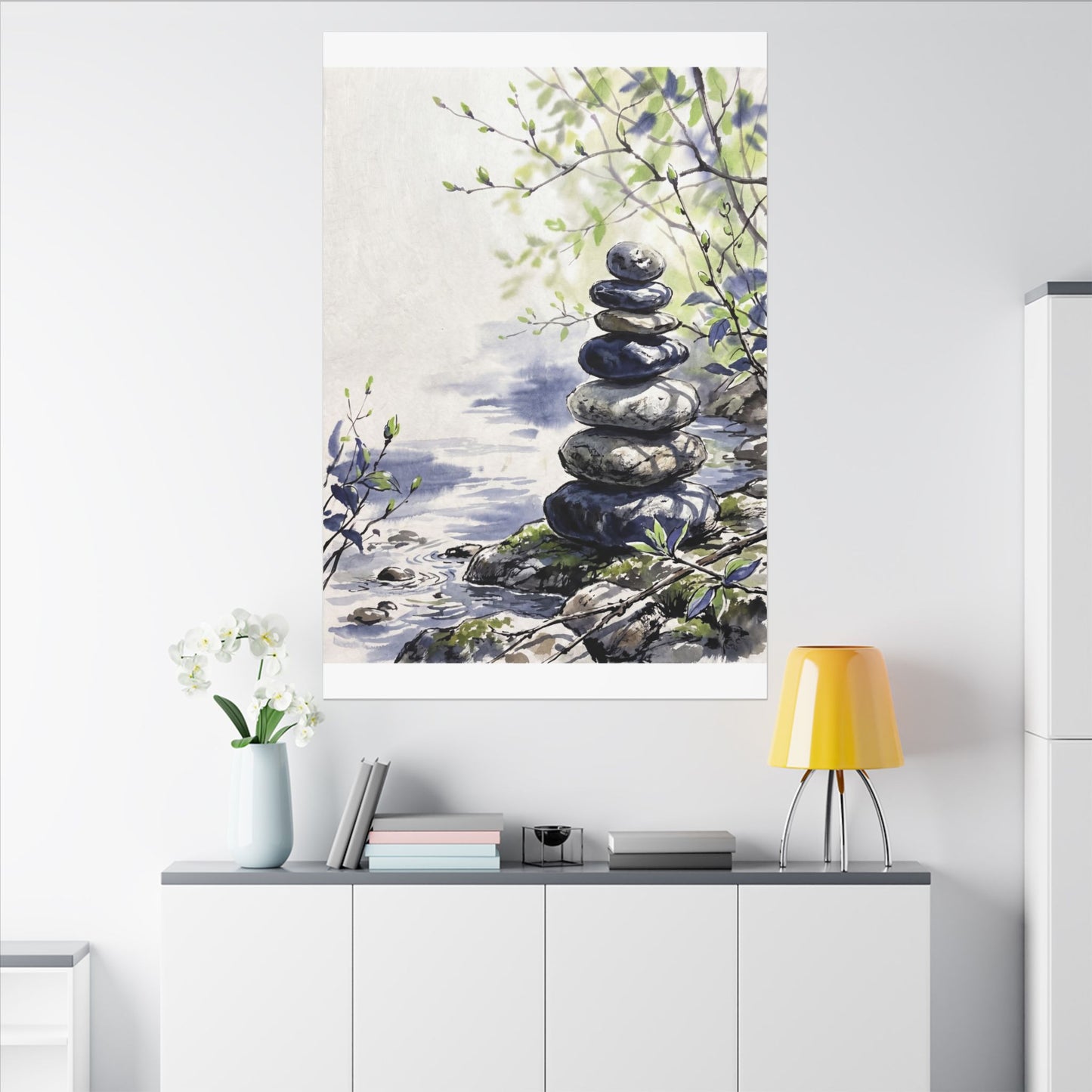 River Stones Sumi E Canvas Art | Serene Zen Art