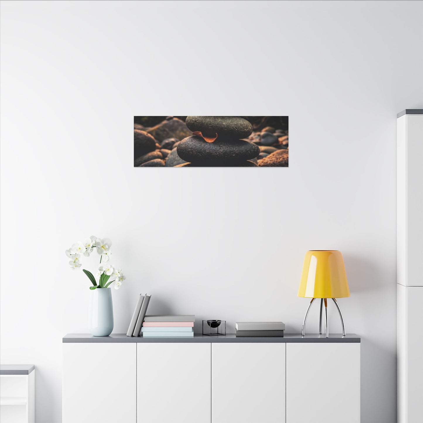 Dark Japandi River Stones in Golden Hour | Moody Minimal Canvas Art