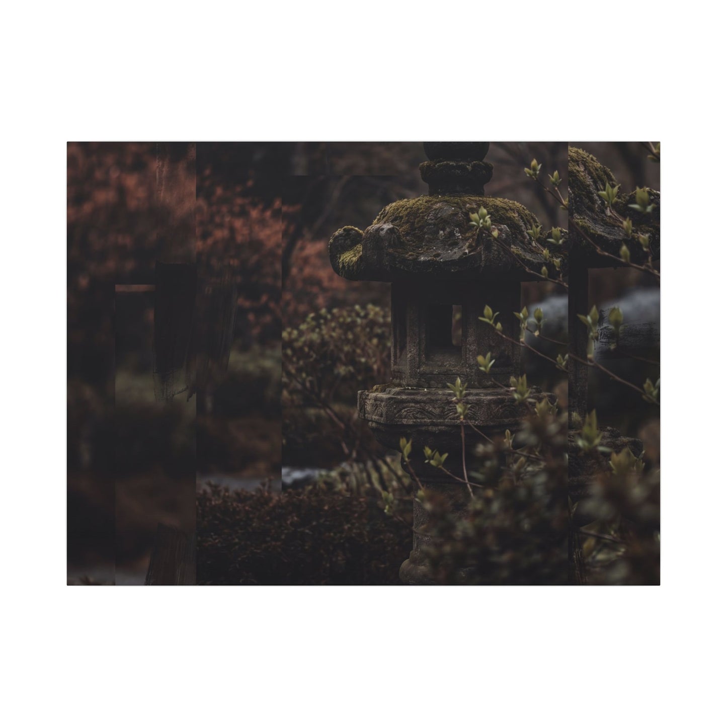 Stone Lantern Spring Canvas Art | Dark Japandi Bold Design