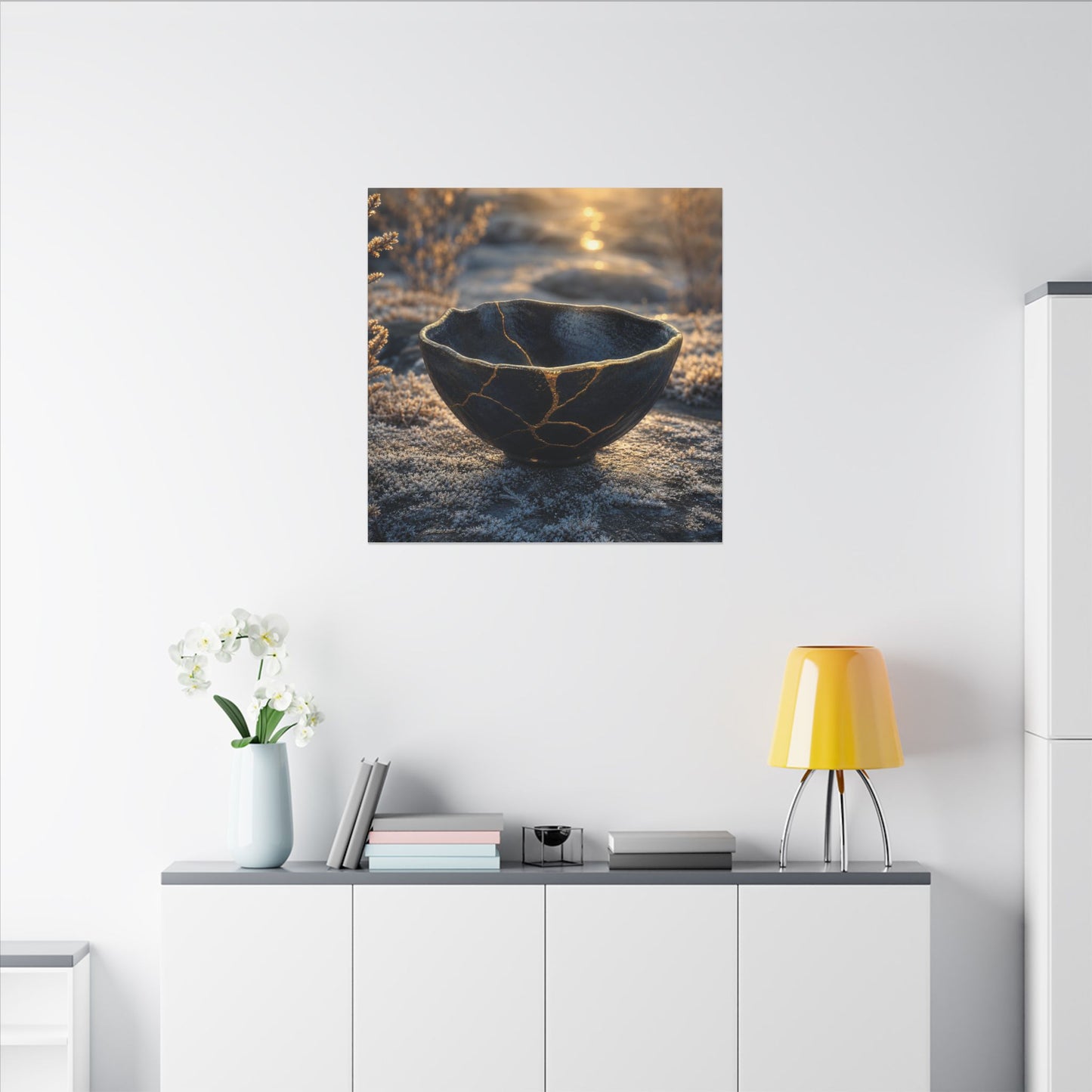 Ceramic Bowl Canvas Art | Winter Kintsugi Gold Repair Art