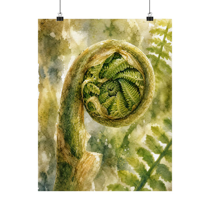 Elegant Fern Unfurling Wall Art Print - Watercolor Japandi