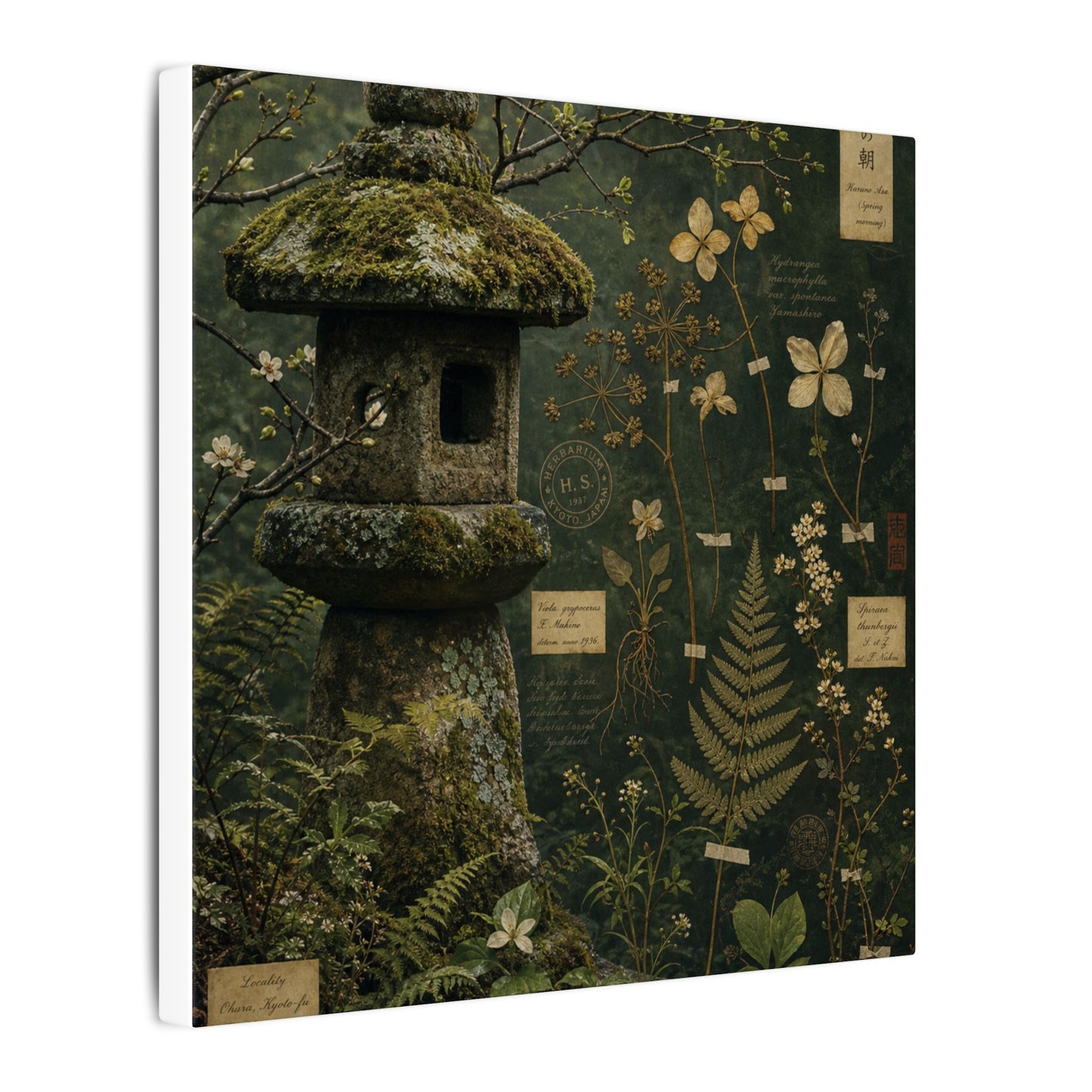 Spring Stone Lantern Herbarium Canvas Art | Nostalgic Decor