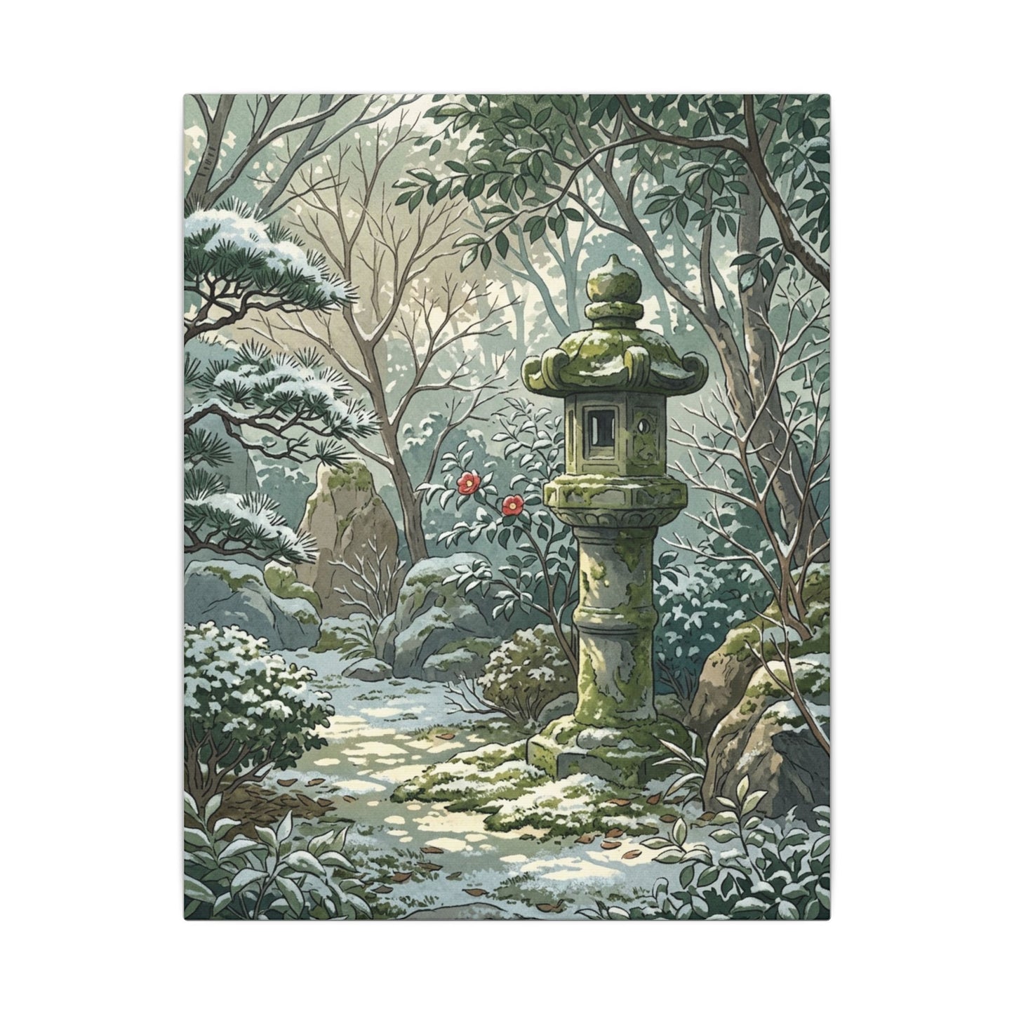 Stone Lantern Winter Canvas Art | Japandi Warm Design