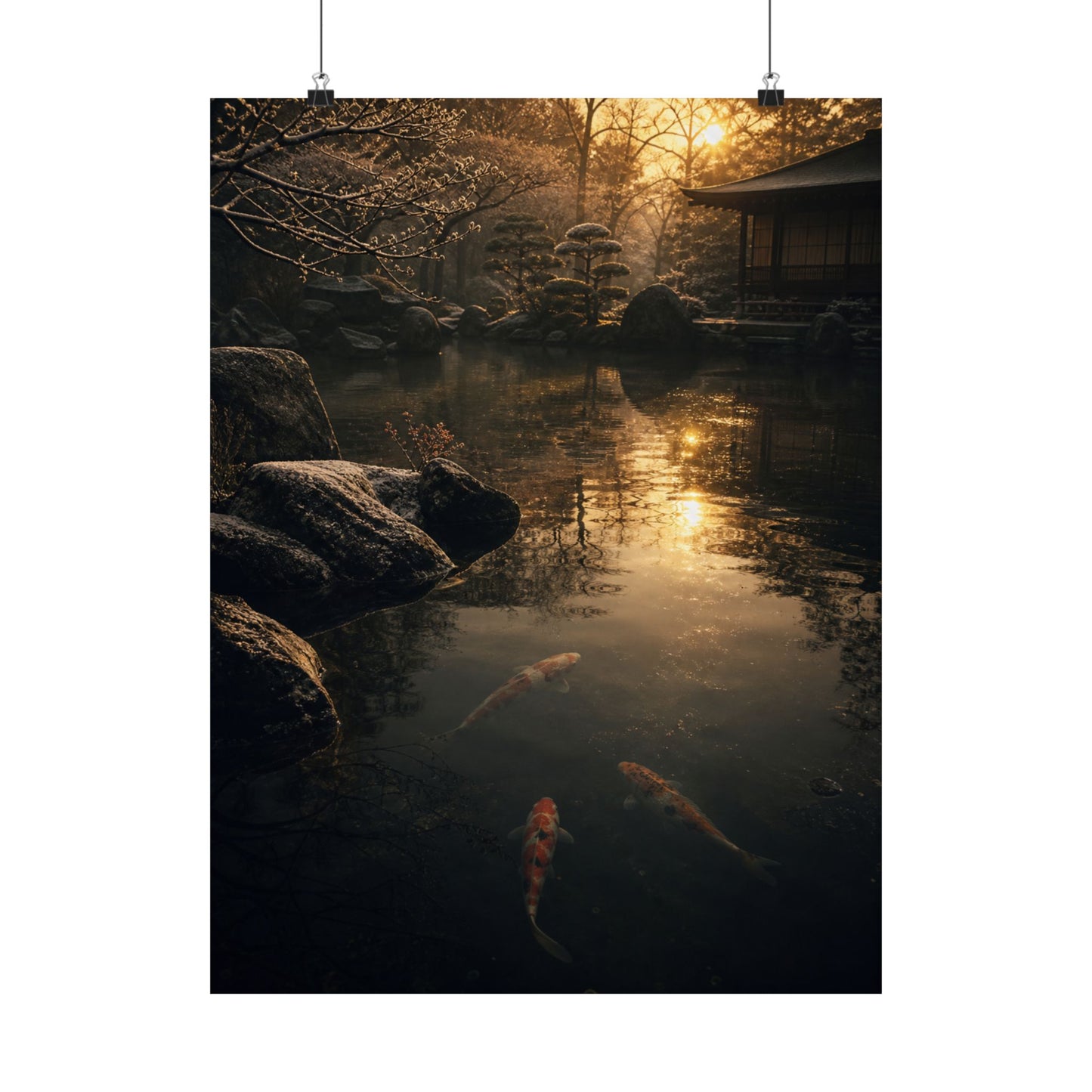 Dark Japandi Koi Pond in Golden Hour | Shadow Zen Wall Art Print