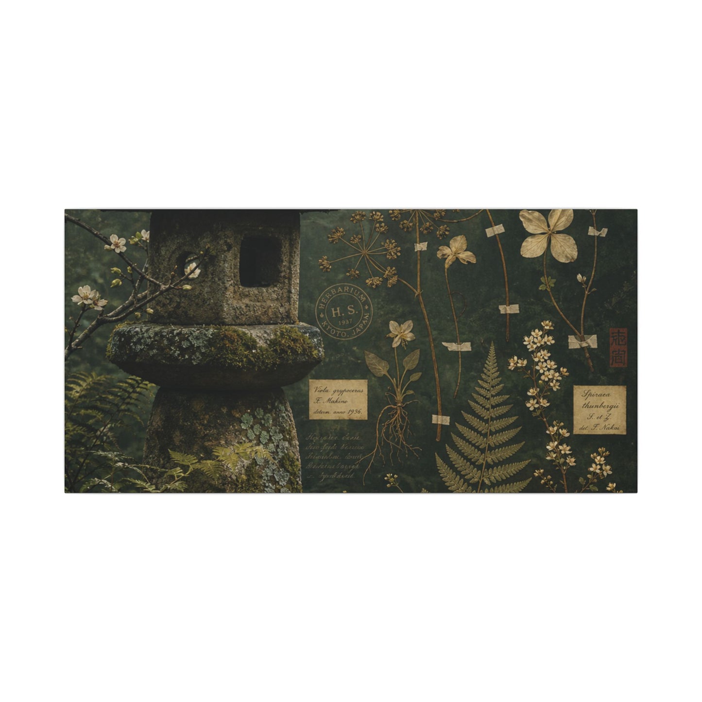 Spring Stone Lantern Herbarium Canvas Art | Nostalgic Decor
