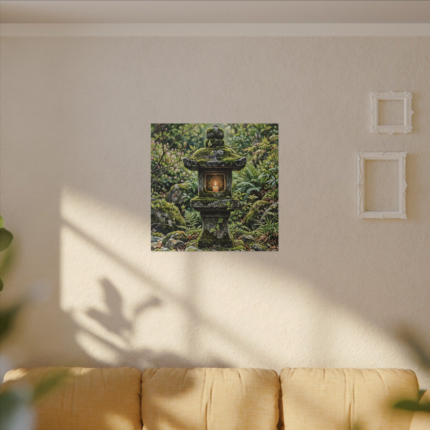 Neutral Stone Lantern Canvas Art - Japanese Pattern Japandi