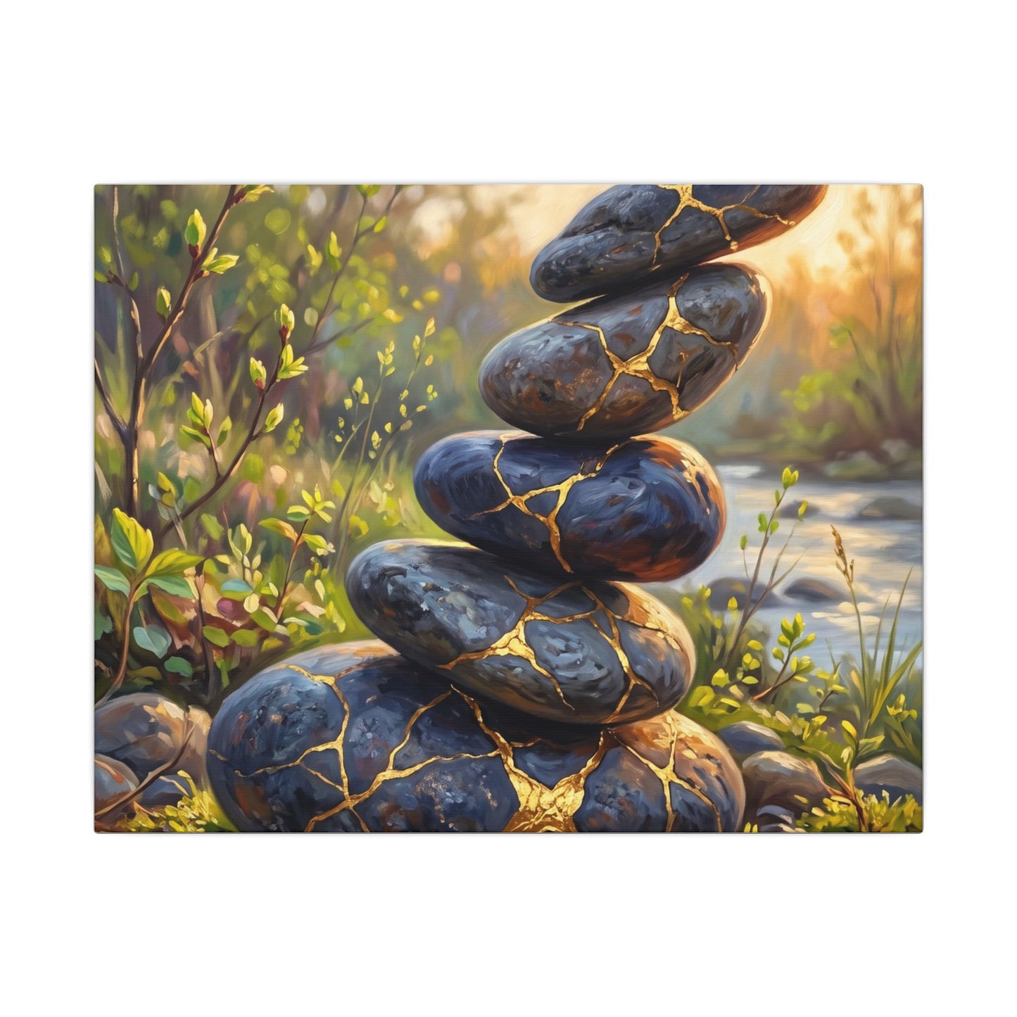 Spring River Stones Gold Repair Canvas Art | Healing Decor