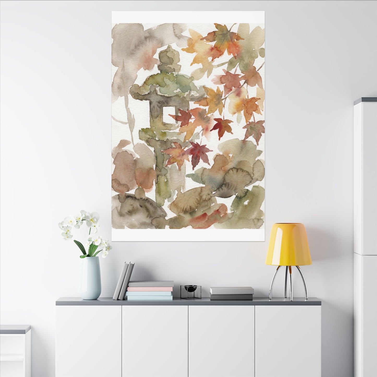Stone Lantern Watercolor Canvas Art | Earthy Japandi Art