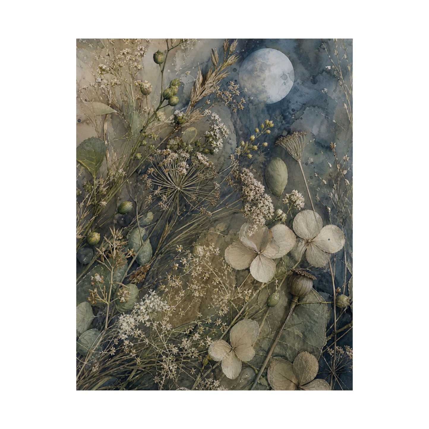 Japandi Dried Flowers in Moonlight | Watercolor Wall Art Print